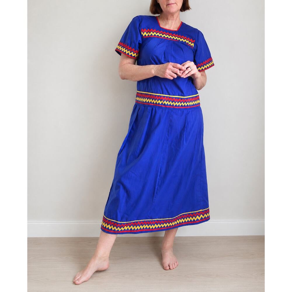 Vintage Handmade Ethnic Dress Cotton Cobalt Blue Ric rac Trim Size Sm
